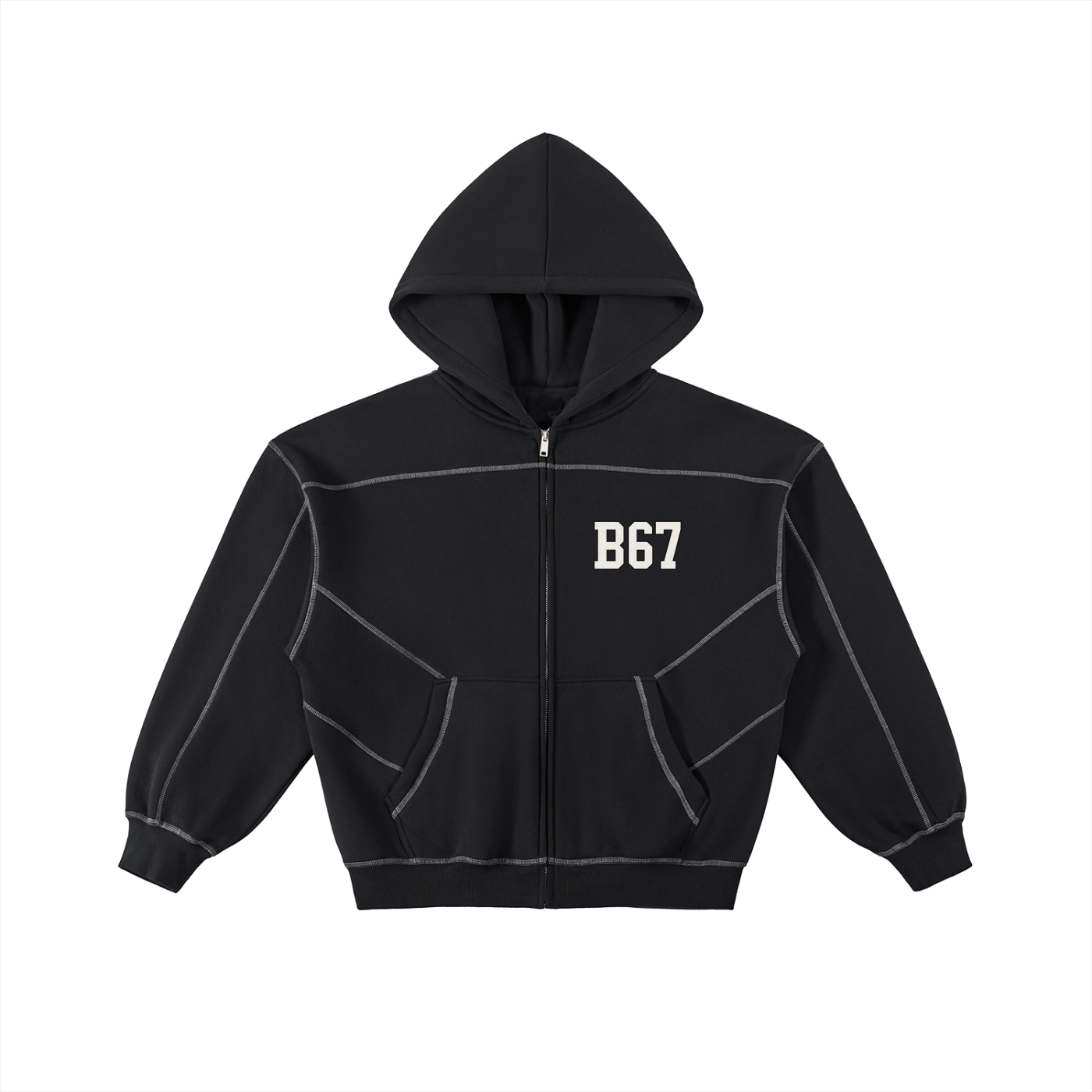 B67 Stitched Boxy Fleece Zip Hoodie – Black Edition