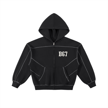 B67 Stitched Boxy Fleece Zip Hoodie – Black Edition