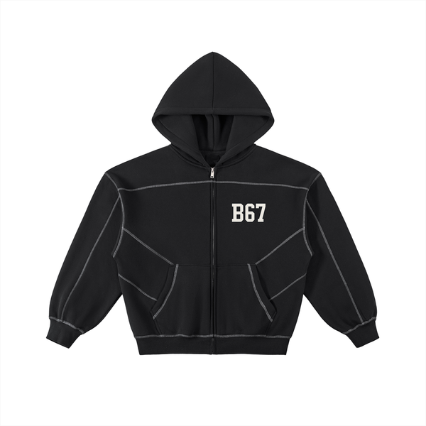 B67 Stitched Boxy Fleece Zip Hoodie – Black Edition