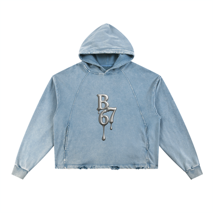 B67 Distressed Blue white silver Vintage Wash Hoodie