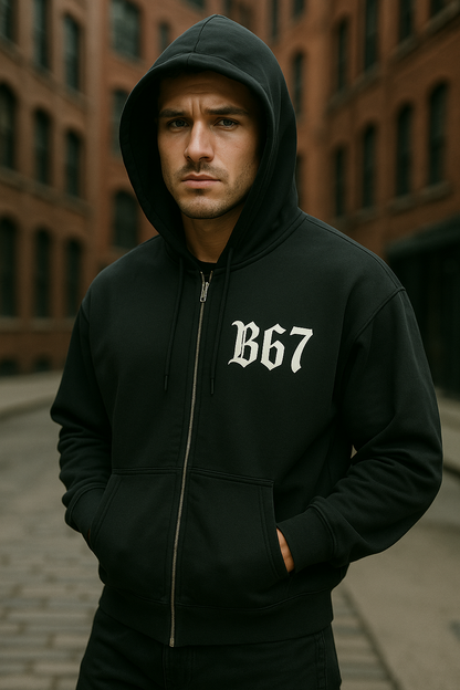 B67 Full-Zip Boxy Hoodie – Black on Silver Drip Edition