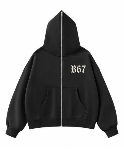 B67 Full-Zip Boxy Hoodie – Black on Silver Drip Edition