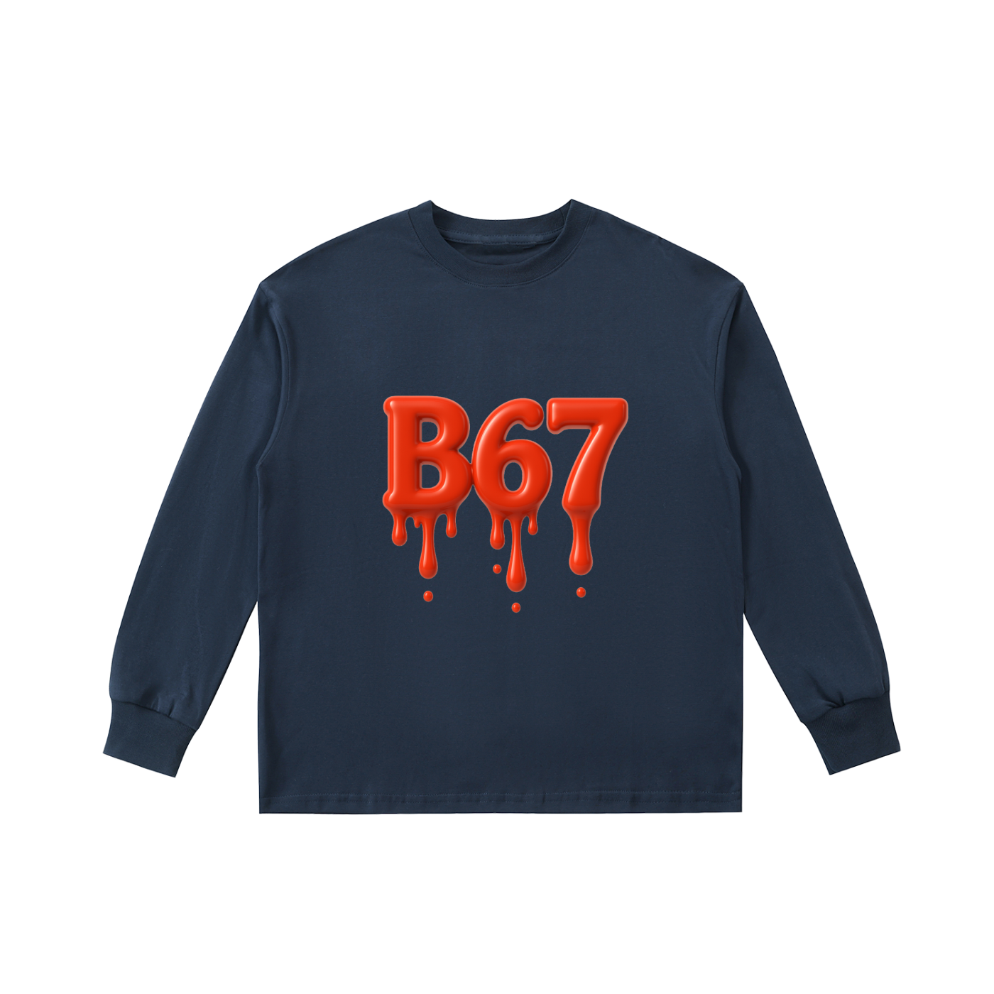 B67 Kids’ Cotton Long-Sleeve Tee – Dark Blue with Red Drip Letters